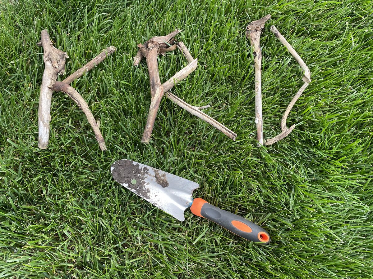 KRD spelled out with twigs on a Ann Arbor, Michigan lawn