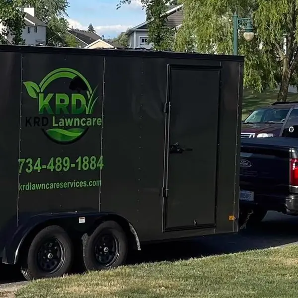 KRD Lawncare Services trailer and truck in Ann Arbor, Michigan